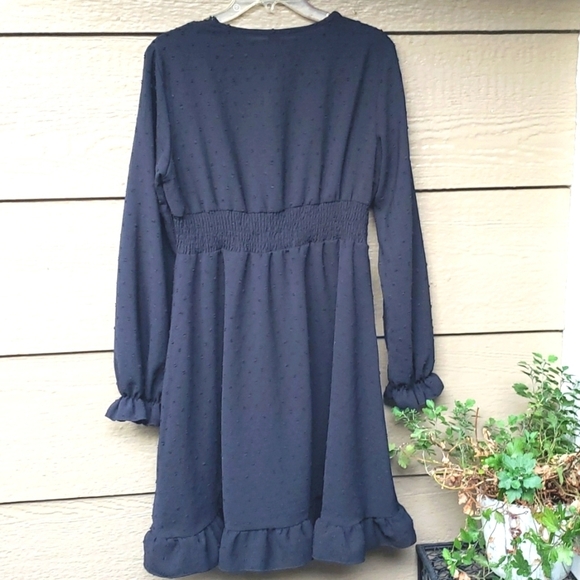 SHEIN Frenchy Swiss Dot Flounce Sleeve Guipure Lace Trim Shirred Dress L - Picture 14 of 14